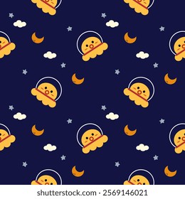 Squid in the space cartoon so cute. On star moon cloud blue background. Pattern seamless vector illustration. 