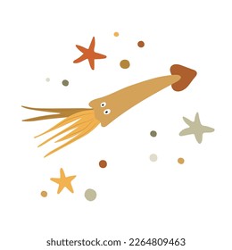 Squid with starfish and pebbles on a white background. Children's marine clip-art