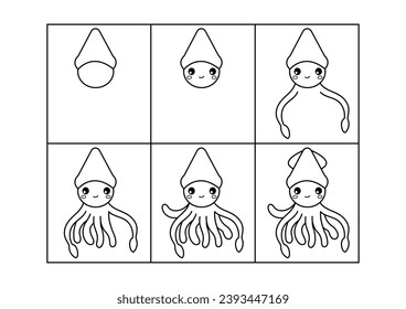 Squid. Step by step drawing. Coloring page, coloring book page. Black and white vector illustration.