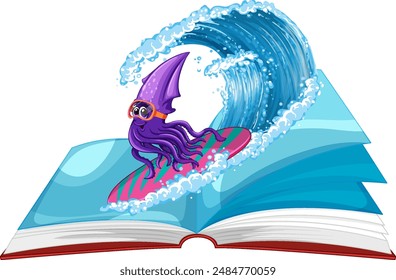 A squid surfing on a wave from a book