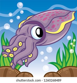 Squid swimming cartoon, cute cartoon.