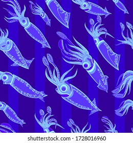 Squid swimming under water, seamless vector illustration