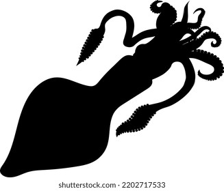 The squid is a ten-armed cephalopod with a cylindrical body and two triangular lateral fins. Silhouette black.