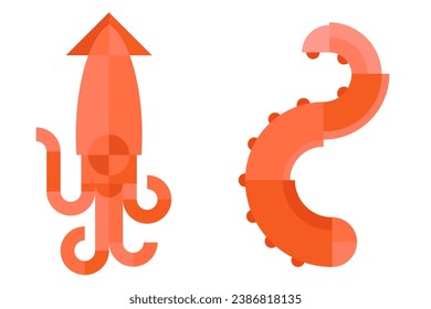 Squid and tentacle. Abstract geometric art. Modern fashion vector illustration. Creative minimal kitchen composition. Collection bright design food element in bauhaus trendy style.