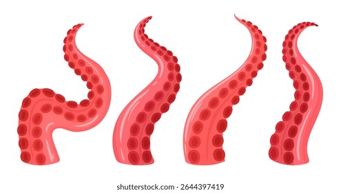 Squid tentacles. Cartoon ocean octopus creature palpus, twisted limbs with suckers flat vector illustration set. Marine octopus animal tentacles on white
