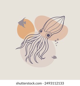 Squid with tentacles. Cartoon sea and ocean animal. Cute giant kraken monster of fantasy story, cartoon creepy underwater cuttlefish. Thin lines style emblem for the menu of the seafood restaurant.