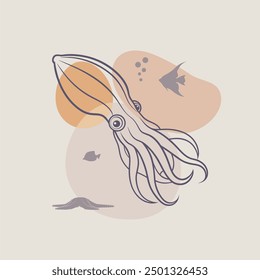 Squid with tentacles. Cartoon sea and ocean animal. Cute giant kraken monster of fantasy story, cartoon creepy underwater cuttlefish. Thin lines style emblem for the menu of the seafood restaurant.