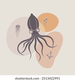 Squid with tentacles. Cartoon sea and ocean animal. Cute giant kraken monster of fantasy story, cartoon creepy underwater cuttlefish. Thin lines style emblem for the menu of the seafood restaurant.