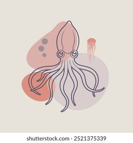 Squid with tentacles. Cartoon sea and ocean animal. Cute giant kraken monster of fantasy story, cartoon creepy underwater cuttlefish. Thin lines style emblem for the menu of the seafood restaurant.