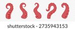 Squid tentacles collection. Curved octopus arms with suction cups for ocean fantasy monster, nautical art and marine themes