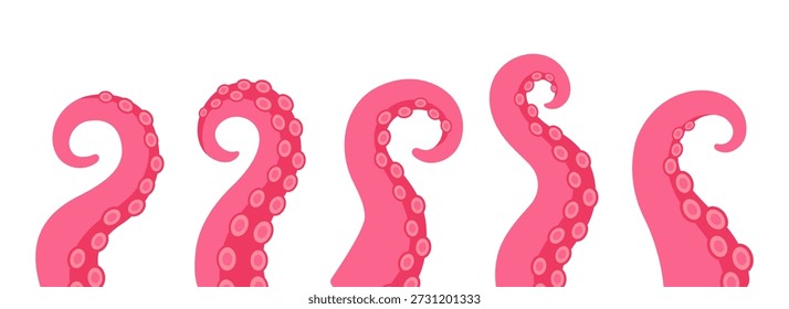 Squid tentacles collection. Curved octopus arms with suction cups for underwater fantasy, nautical monster and marine design themes