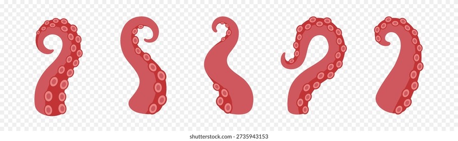 Squid tentacles collection. Curved octopus arms with suction cups for ocean fantasy monster, nautical art and marine themes