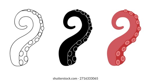 Tentáculos de calamar con ventosas. Brazos de pulpo curvados para monstruos marinos, fantasía náutica, vida marina y diseños submarinos