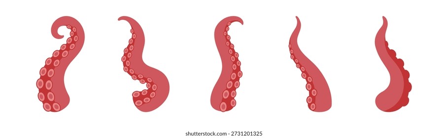 Squid tentacles with suction cups. Set of octopus arms for nautical, fantasy monster and underwater illustration themes