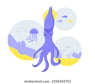Squid at underwater concept. Representative of underwater world. Fish and sea animal. Wild life and fauna. Biology and zoology. Cartoon flat vector collection isolated on white background