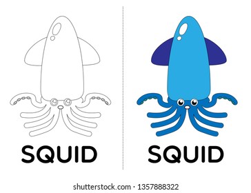 squid, vector animal cartoon, coloring book or page