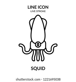 squid vector, animal line icon with live stroke,  Flat design