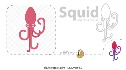 Squid vector flat illustration, solid, line icon