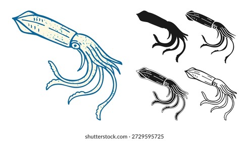 Ilustração vetorial de lula em estilo de esboço de tinta desenhada à mão com tentáculos. Modo de gravação vintage retrô, criatura marinha, arte de linha grunge de contorno de doodle detalhado e arte isolada de silhueta preta ousada