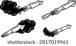 Squid Vector Set Featuring Swimming Poses and Black Ink Cloud Release Smoke Symbols for Marine Biology, Seafood Branding, and Oceanic Wildlife Illustrations.eps