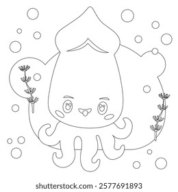 Squid in the water, vector cute ocean dweller. Children's illustration.