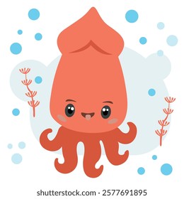 Squid in the water, vector cute ocean dweller. Children's illustration.