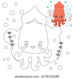 Squid in the water, vector cute ocean dweller. Children's illustration.