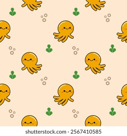 Squid yellow cartoon so cute. On seaweed bubbles background. Pattern seamless vector illustration. 