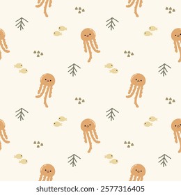 Squid yellow cartoon so cute. On fish background. Pattern seamless vector illustration. 
