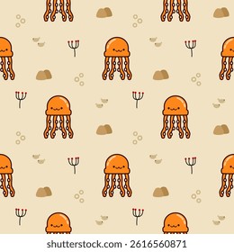 Squid yellow cartoon so cute. On fish bubbles background. Pattern seamless vector illustration. 
