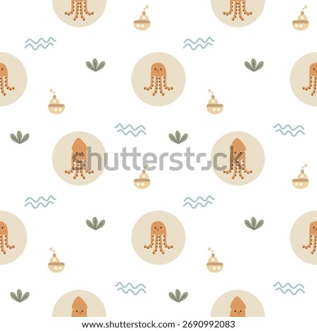 Squid yellow cartoon so cute. On seaweed wave ship background. Pattern seamless vector illustration. 