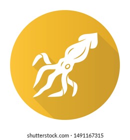 Squid yellow flat design long shadow glyph icon. Swimming marine animal with tentacles. Seafood restaurant. Underwater creature. Sea fish. Aquatic invertebrate mollusk. Vector silhouette illustration