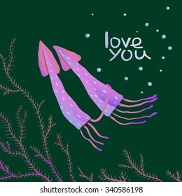 Squids Love Cartoon Greeting Card Design. Under the sea deep and dark marine cartoon illustration. Vector EPS10. 