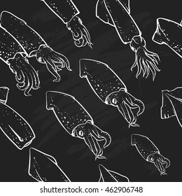 squids pattern including seamless on the black background. Vintage illustration.
