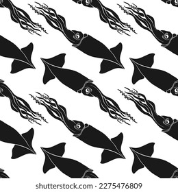 Squids. Stylish seamless pattern on white. Animal vector background. Black and white. Perfect for wallpaper, wrapping, fabric and textile. Black and white.