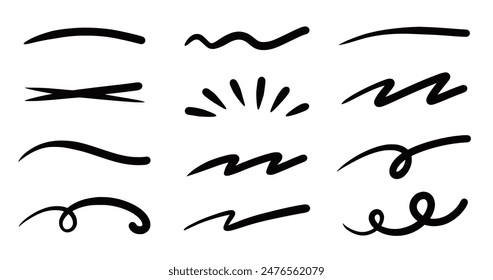 Squiggle brush scribble underline. Marker pen emphasis highlight swoosh stroke. Vector swoosh brush underline set for accent, marker emphasis squiggle element. Vector illustration