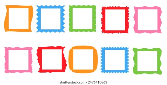 Squiggle  colored frames set. Jaggered edges, retro scallop yellow, pink, green, red frames, psychedelic squares, groovy shapes set 