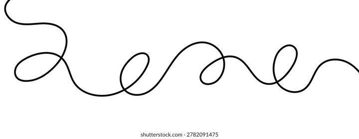 Squiggle, curvy, line abstract cable with a wavy drawing and a long, thin curve for a curly illustration. A simple background of rope, wave, and wiggle designs through a spiral loop or vector.