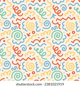 Squiggle cute naive seamless pattern. Creative bright scribble abstract style. Colored naive background illustration. Simple hand drawn wallpaper print