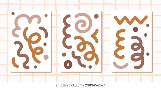 Squiggle cute naive set. Creative bright scribble abstract style on cottagecore plaid. Colored simple background illustration. hand drawn wallpaper print