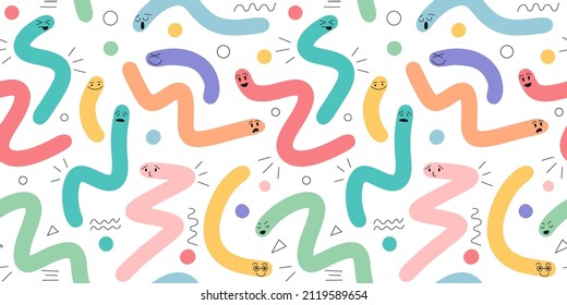 Squiggle Cute Shapes With Face Emotions. Seamless Pattern Funny Colorful Childish Scribble With Smiles. Vector Illustration, Retro Wave Doodle Characters Background. Abstract Hipster Sticker Backdrop.