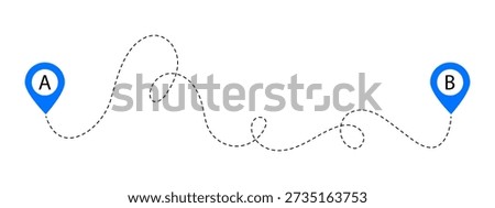 Squiggle dashed path line showing a route between two points, A and B vector illustration