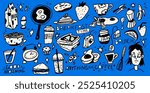 squiggle Doodles set. Scribble ellements about breakfast. Food icons for cafe menu. Scribble sketches for italian picnic. Vector trendy illustration with pencil texture