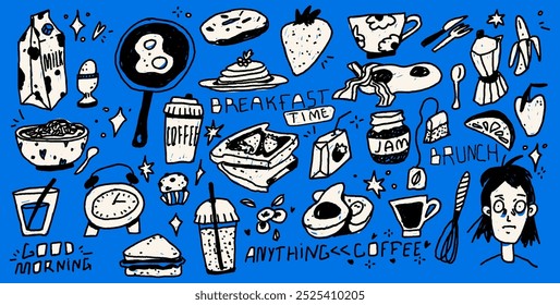 squiggle Doodles set. Scribble ellements about breakfast. Food icons for cafe menu. Scribble sketches for italian picnic. Vector trendy illustration with pencil texture