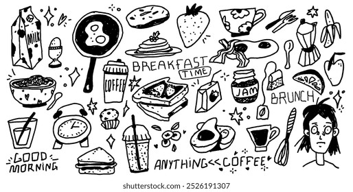 squiggle Doodles set. Scribble ellements about breakfast. Food icons for cafe menu. Scribble sketches for italian picnic. Vector trendy illustration with pencil texture