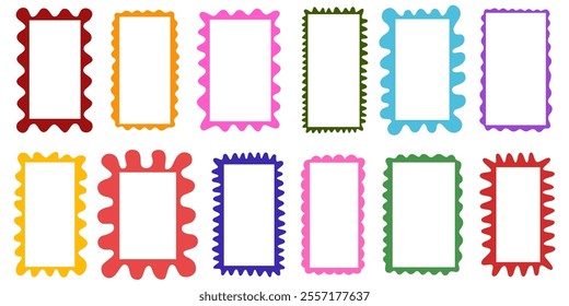 Squiggle frames set. Color zigzag wavy edges, retro scallop frames, psychedelic rectangles, photo frames, text boxes, tags, labels. Wave and curvy borders Vector groovy shapes isolated