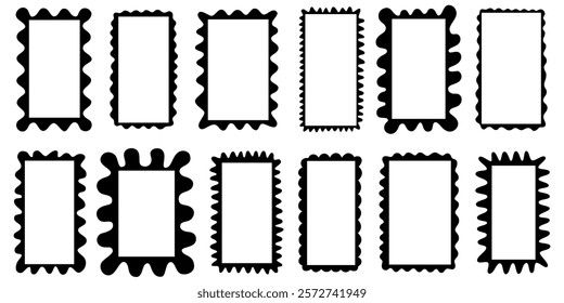 Squiggle frames set. Color zigzag wavy edges, retro scallop frames, psychedelic rectangles, photo frames, text boxes, tags, labels. Wave and curvy borders Vector groovy shapes isolated