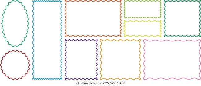 Squiggle frames set. Wave and curvy borders. Cloudy wave frame vector set. Wavy scalloped doodle drawn style for decoration. Outline Rectangle frames with wavy edges set. Rectangular curved line shape