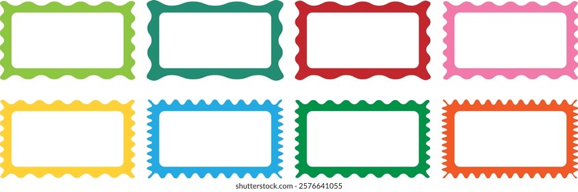 Squiggle frames set. Zigzag wavy edges, psychedelic rectangles, photo frames, text boxes, labels. Wave and curvy borders. Cloudy wave frame vector set. Wavy scalloped doodle drawn style for decoration