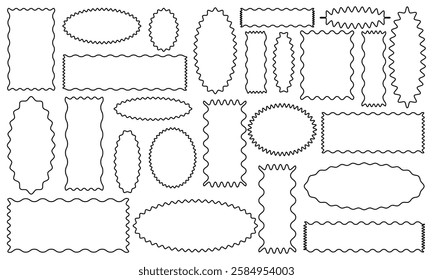 Squiggle frames set. Zigzag wavy edges, retro frames, psychedelic rectangles, photo frames, text boxes, tags, labels. Vector groovy shapes set. Wave and curvy borders, Vector illustration.